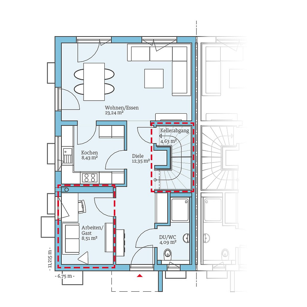 Planungsoption mit Keller (Erdgeschoss) QNG⁺-Line Doppelhaus 179: Grundrissoption EG - Hanse Haus