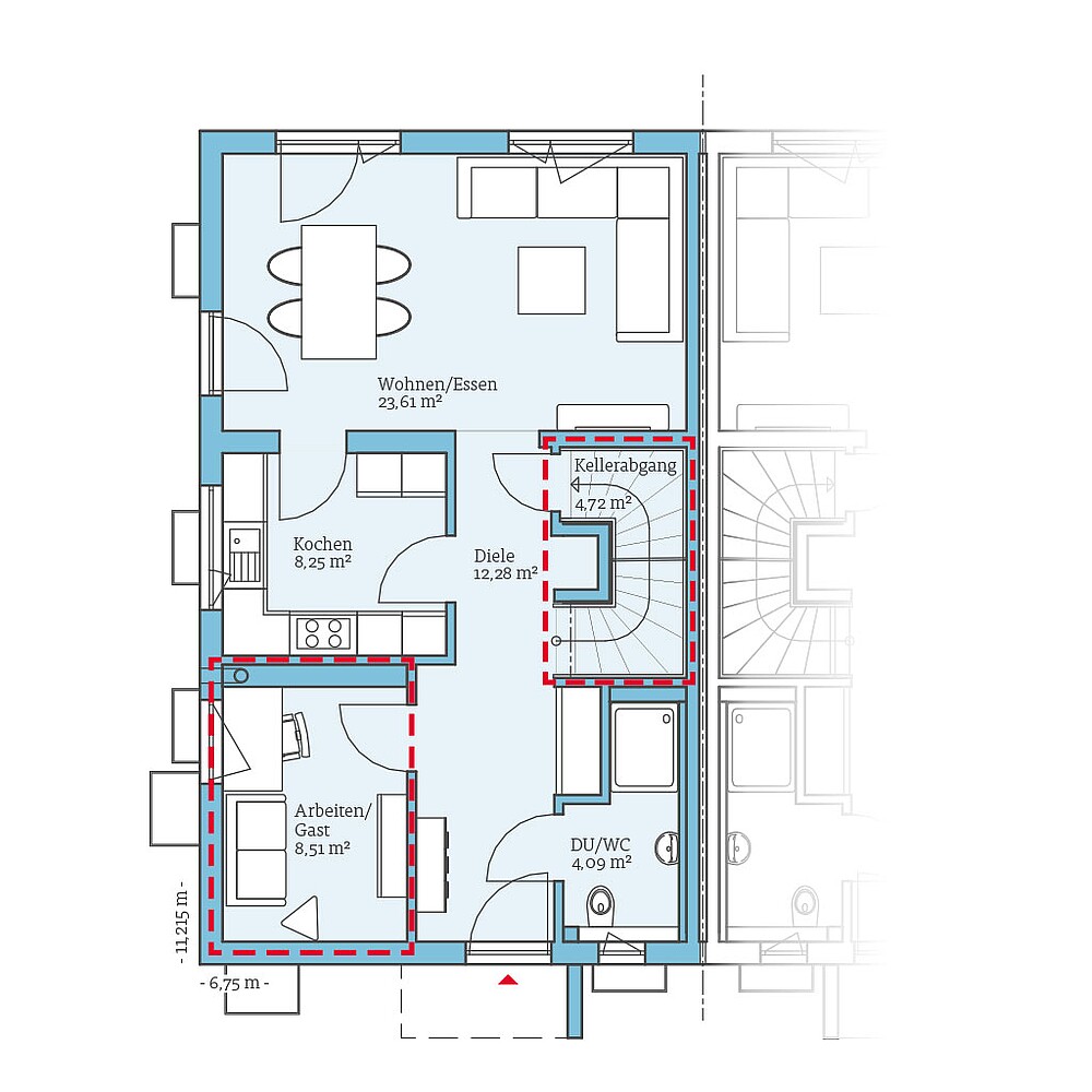 Planungsoption mit Keller (Erdgeschoss) QNG⁺-Line: Doppelhaus 125: Grundrissoption 2 EG - Hanse Haus