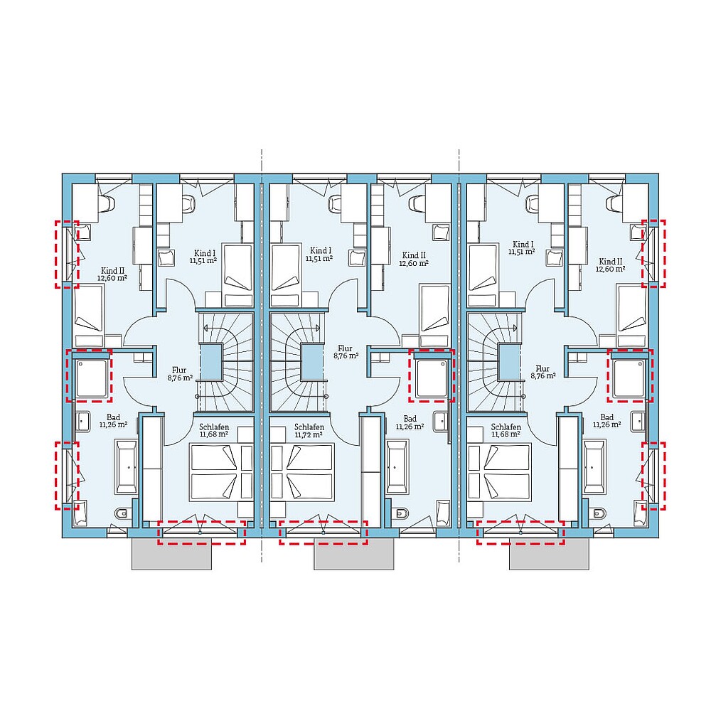 Planungsoption (Obergeschoss) QNG⁺-Line: Reihenhaus 161: Grundrissoption 1 OG - Hanse Haus