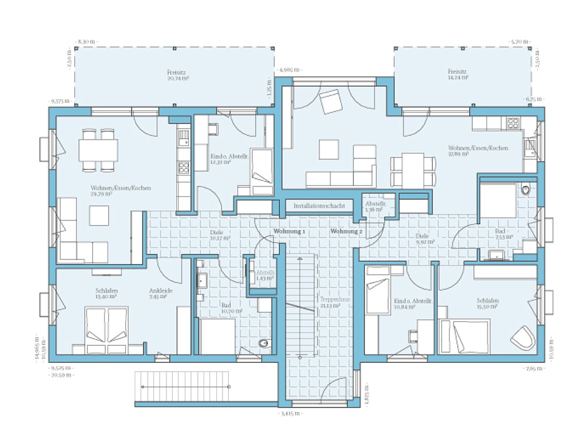 Prefabricated multi-family house 4 residential units: Floor plan EG