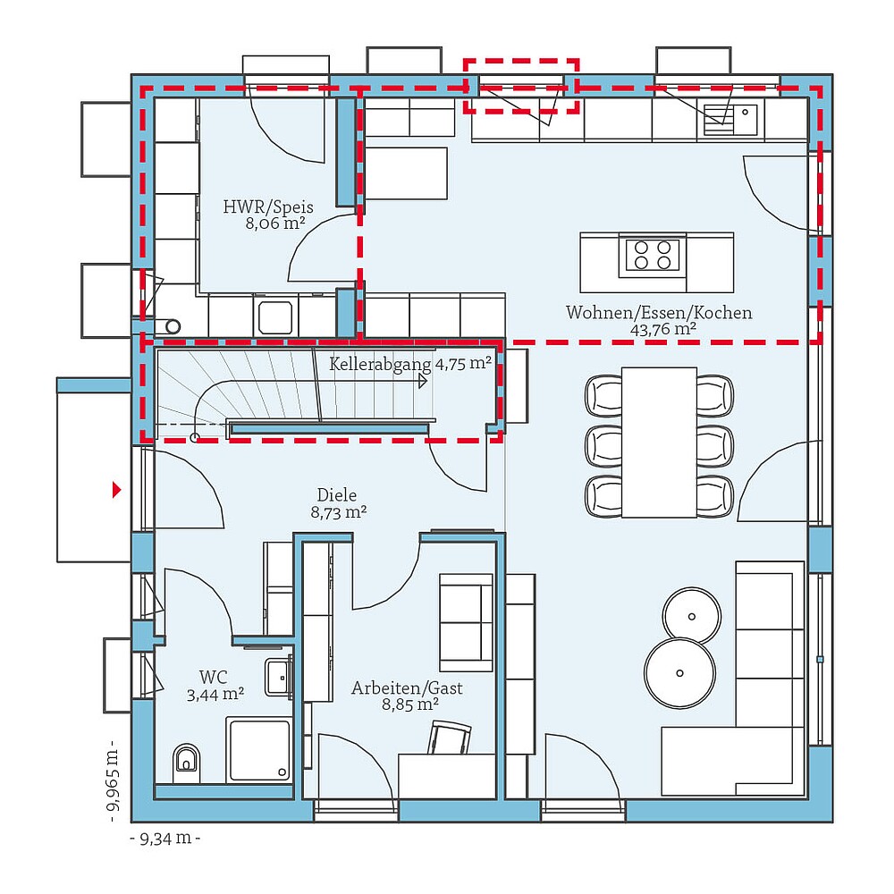 Planungsoption mit Keller (Erdgeschoss) QNG⁺-Line: Cubus 155: Grundrissoption 2 EG - Hanse Haus