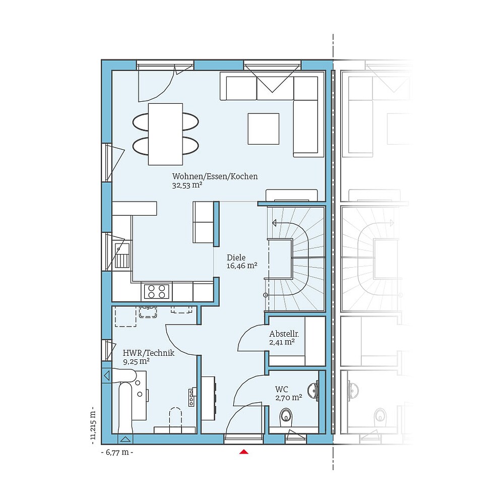 Grundriss (Erdgeschoss) QNG⁺-Line: Doppelhaus 25-125: Grundriss EG - Hanse Haus