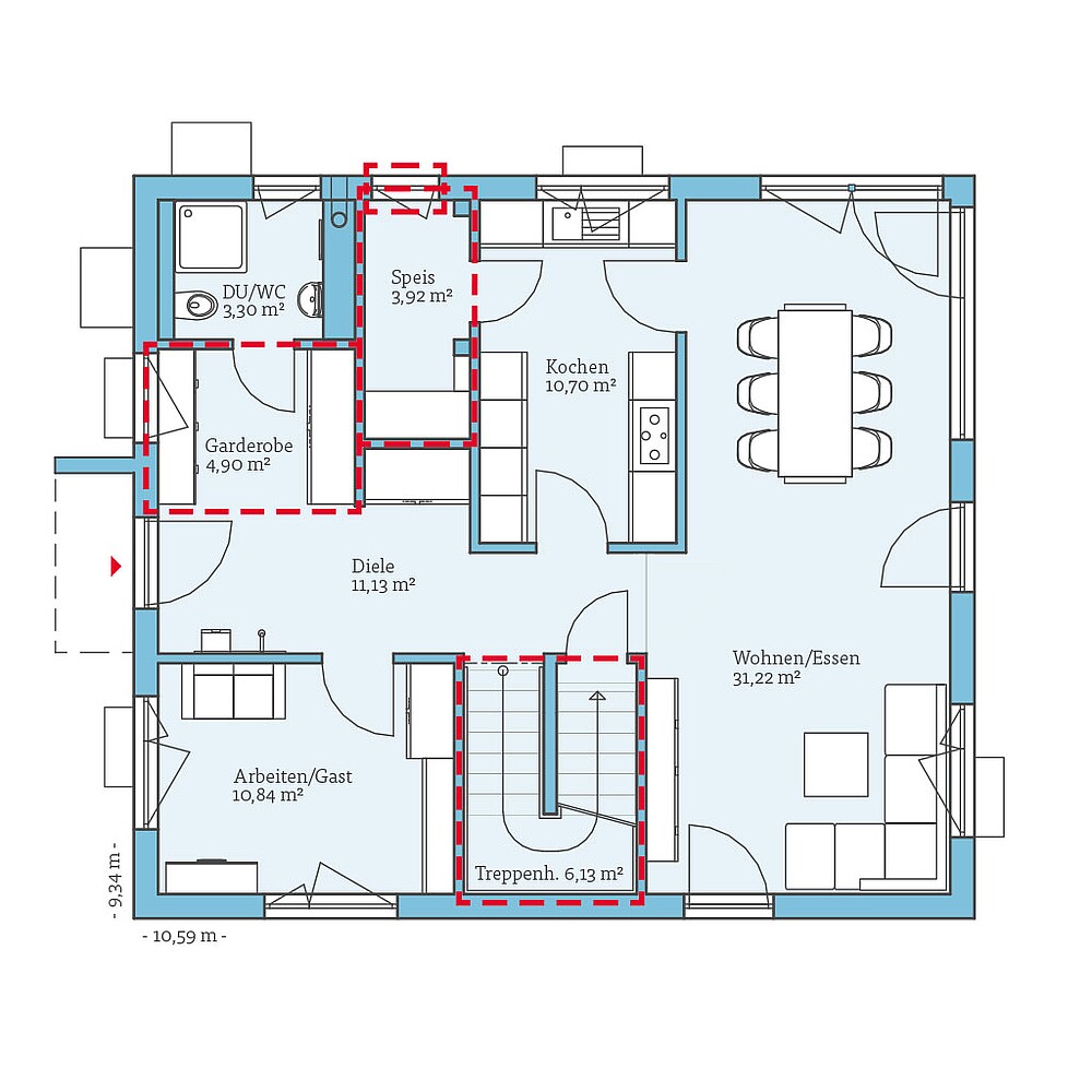 Planungsoption mit Keller (Erdgeschoss) QNG⁺-Line: Variant 35-165: Grundrissoption 2 EG - Hanse Hause