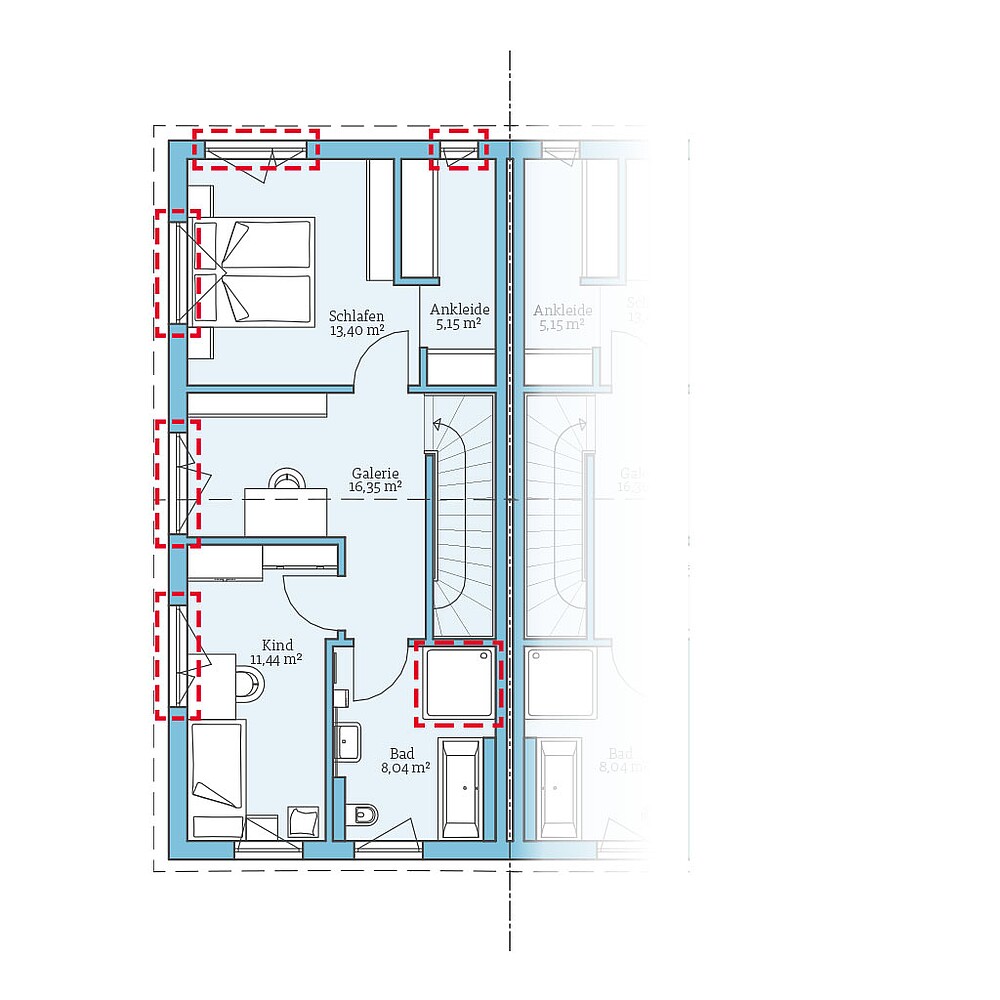 Planungsoption (Obergeschoss) QNG⁺-Line: Doppelhaus 109: Grundrissoption 1 OG - Hanse Haus
