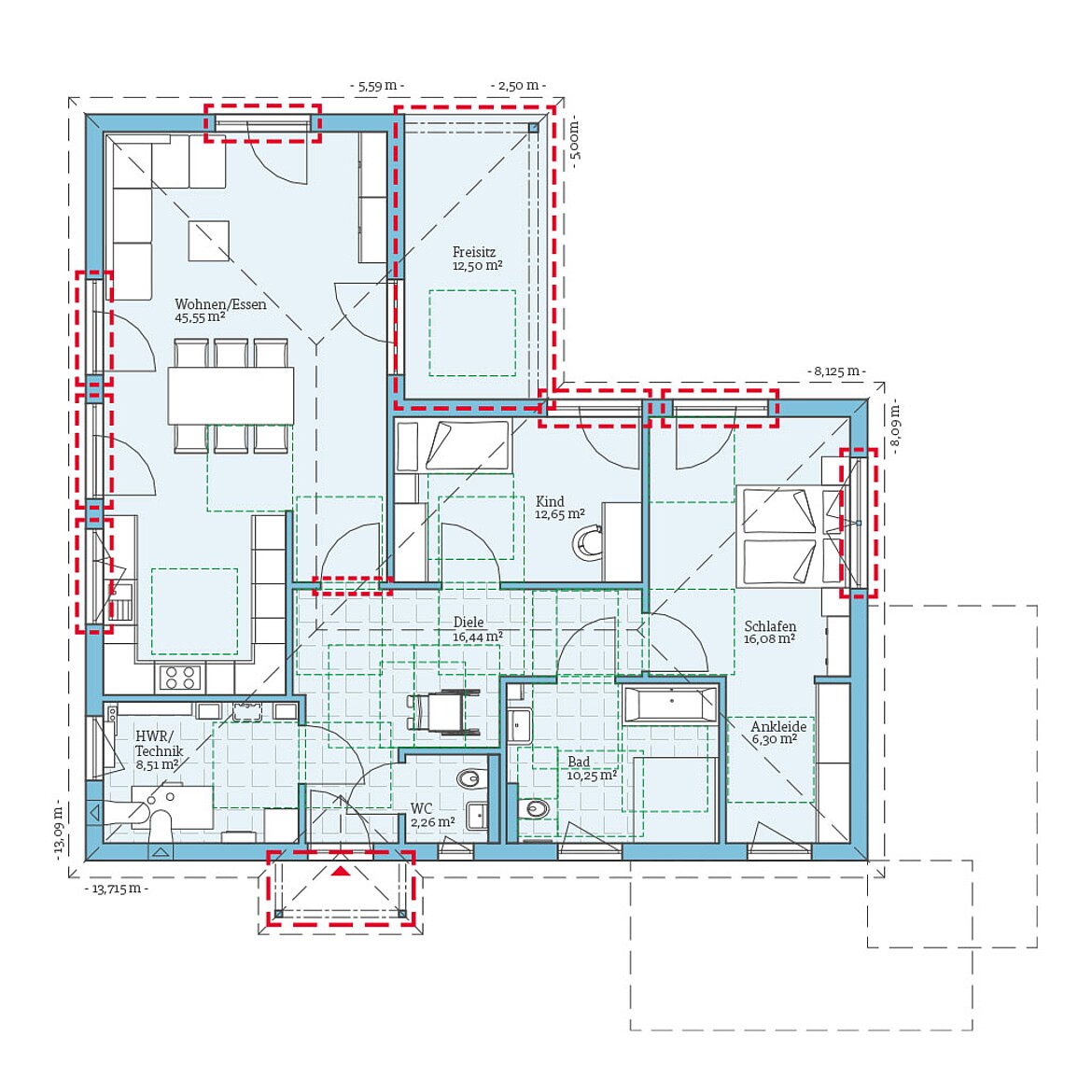 QNG⁺-Line: Fertighaus Bungalow 118: Grundrissoption 4 EG