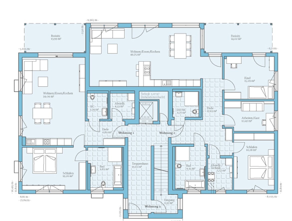 Prefabricated multi-family house 3 residential units: Floor plan EG
