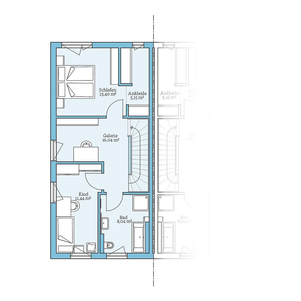 Grundriss (Obergeschoss) QNG⁺-Line: Doppelhaus 109: Grundriss OG - Hanse Haus