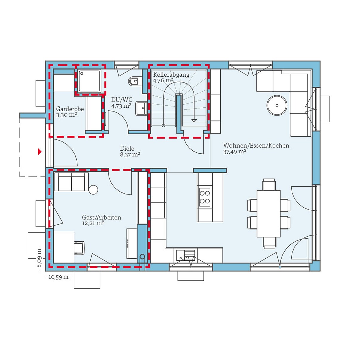 Planungsoption mit Keller: Erdgeschoss QNG⁺-Line: Villa 142: Grundrissoption 2 EG - Hanse Haus