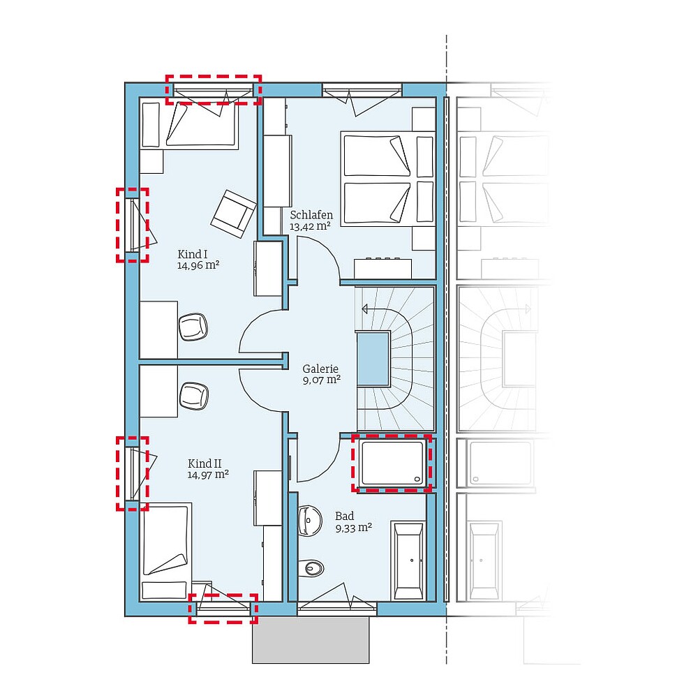 Planungsoption (Obergeschoss) QNG⁺-Line Doppelhaus 179: Grundrissoption OG - Hanse Haus