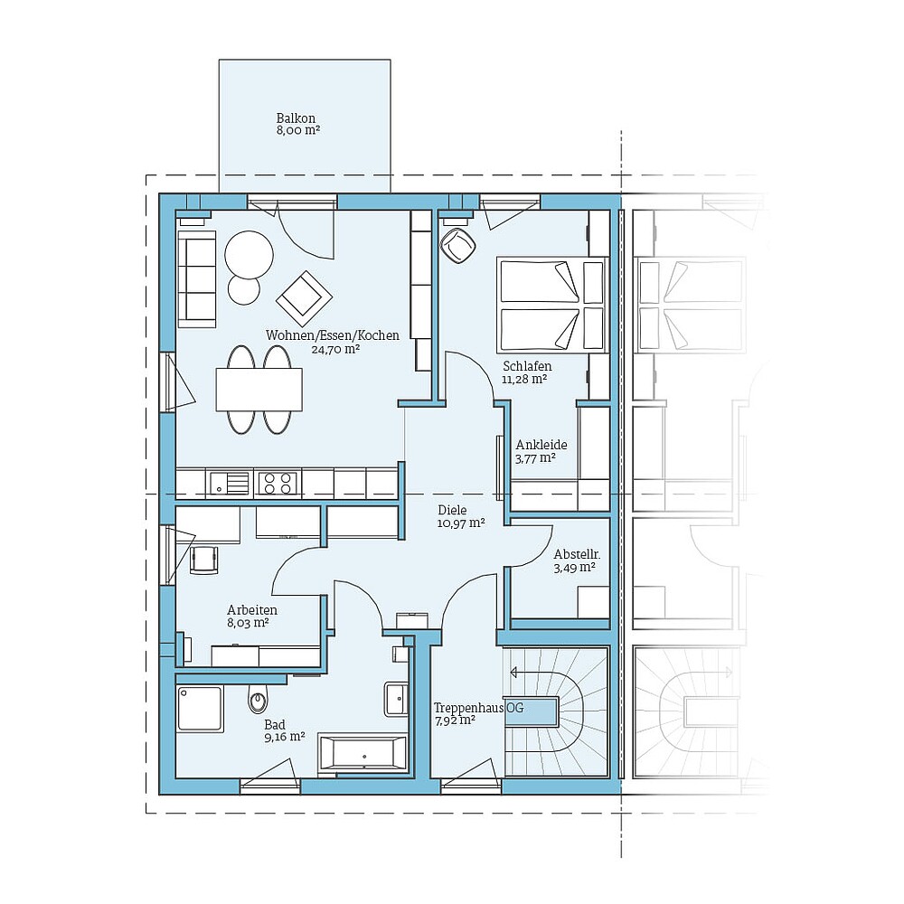 Grundriss (Obergeschoss) QNG⁺-Line Doppelhaus 159: Grundriss OG - Hanse Haus