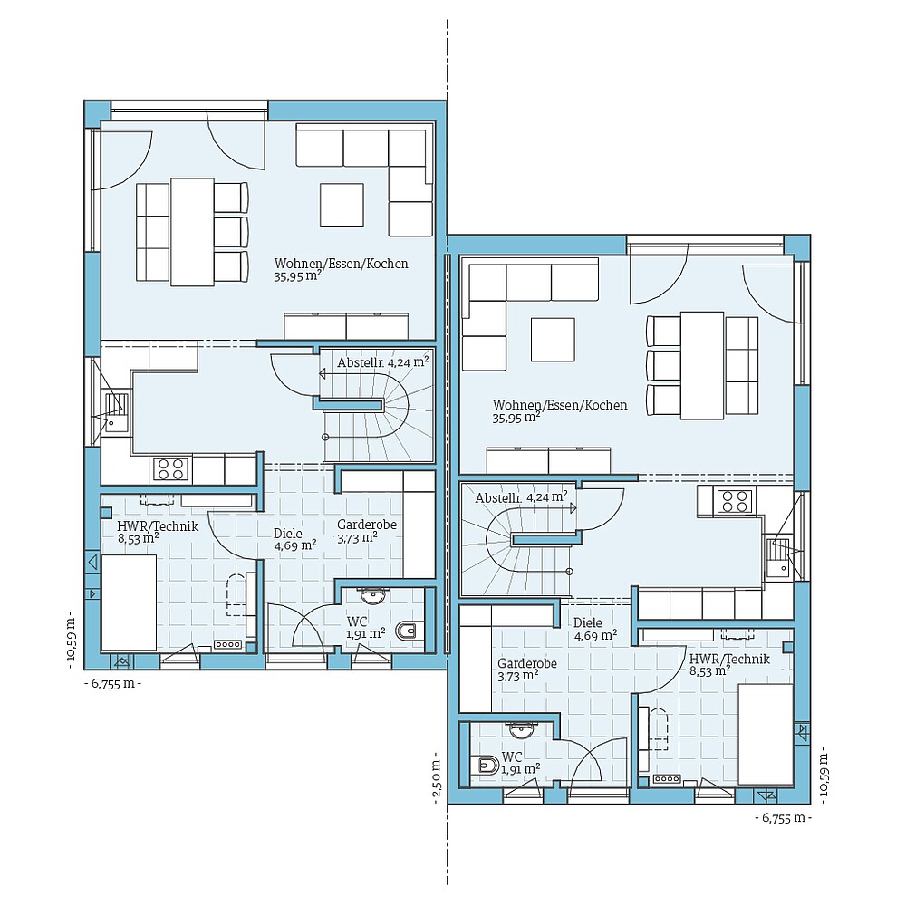 Erdgeschoss Fertighaus Doppelhaus 164: Grundriss EG