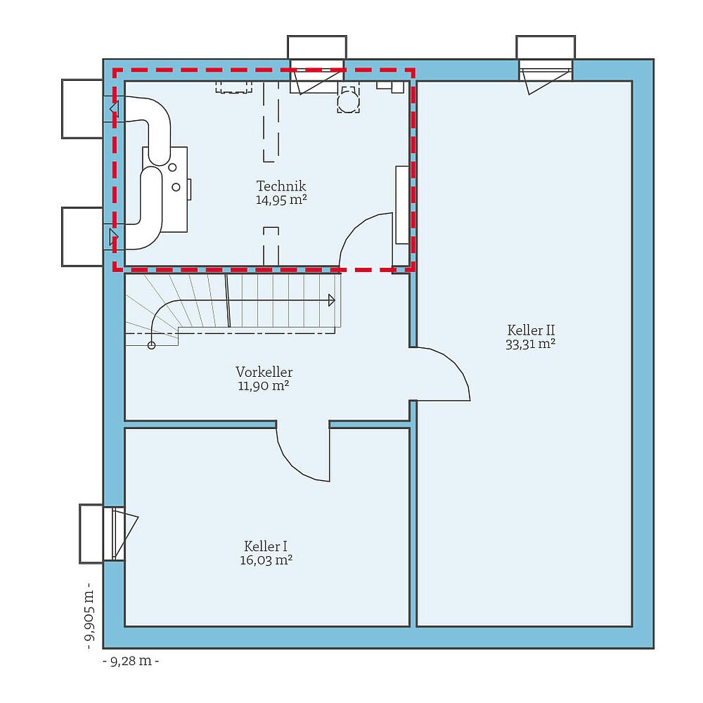 Planungsoption mit Keller (Keller) QNG⁺-Line: Cubus 155: Grundrissoption 1 KG - Hanse Haus