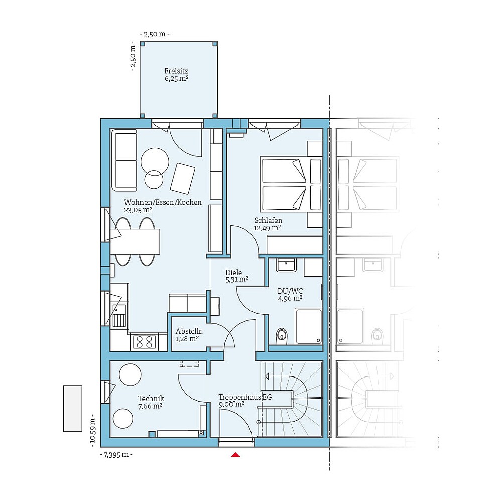 Grundriss (Erdgeschoss) QNG⁺-Line Doppelhaus 126: Grundriss EG - Hanse Haus