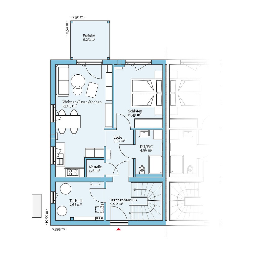 Grundriss (Erdgeschoss) QNG⁺-Line Doppelhaus 126: Grundriss EG - Hanse Haus