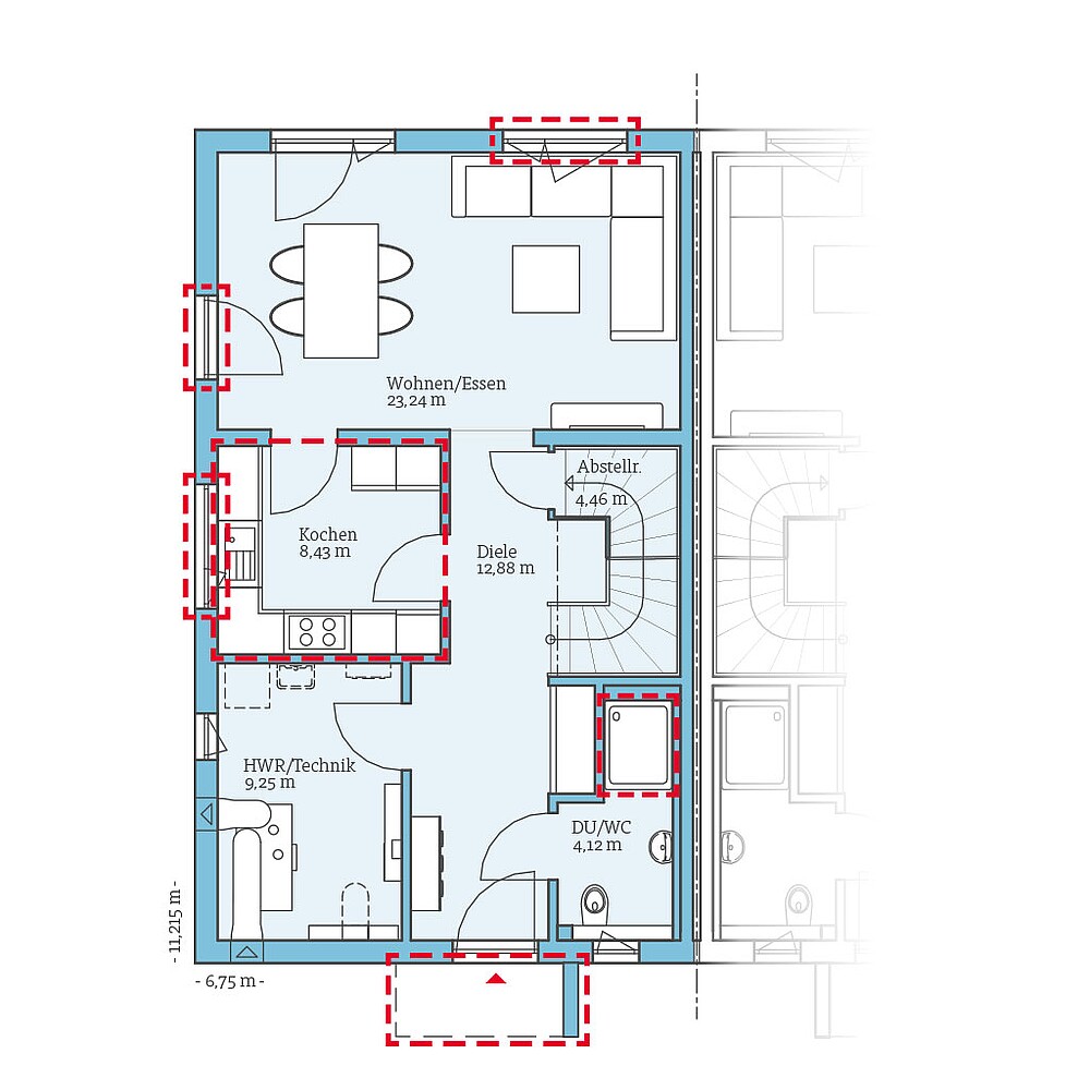 Planungsoption (Erdgeschoss) QNG⁺-Line Doppelhaus 179: Grundrissoption 1 EG - Hanse Haus