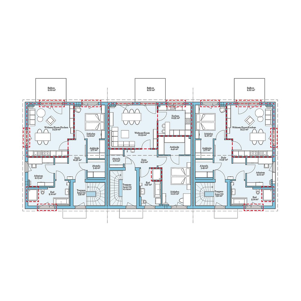 Planungsoption (Obergeschoss) QNG⁺-Line: Reihenhaus 159-168: Grundrissoption 1 OG - Hanse Haus