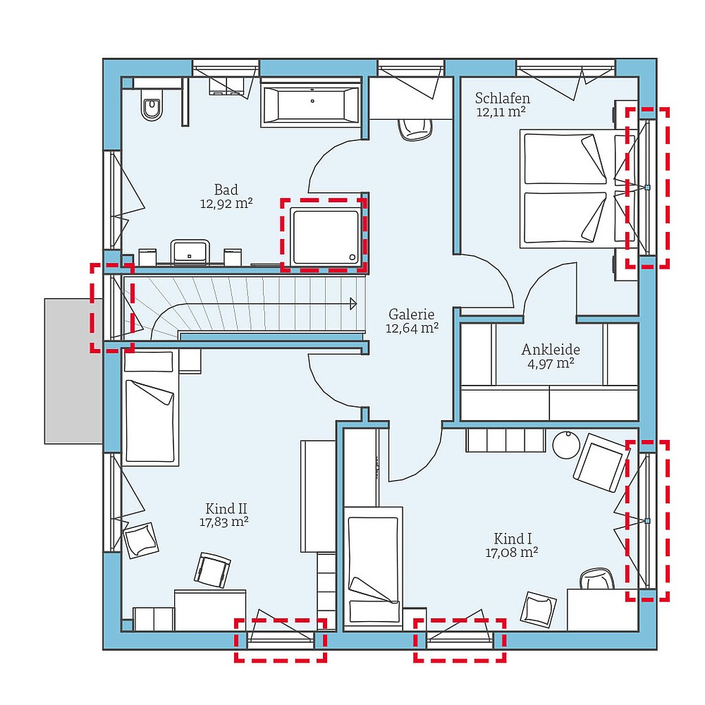 Planungsoption (Obergeschoss) QNG⁺-Line: Cubus 155: Grundrissoption 1 OG - Hanse Haus
