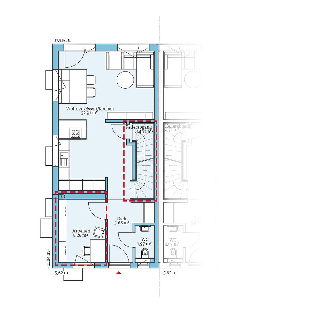 Planungsoption mit Keller (Erdgeschoss) QNG⁺-Line: Doppelhaus 109: Grundrissoption 2 EG - Hanse Haus