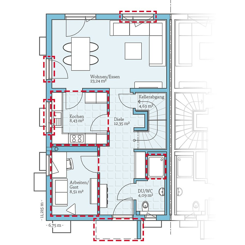 QNG⁺-Line: Fertighaus Doppelhaus 179: Grundrissoption 2 EG